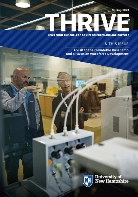 The Thrive Spring 2023 cover image showing Mike Paglia, CEO of ElevateBio, and Rick Cote, UNH professor of molecular, cellular and biomedical sciences.