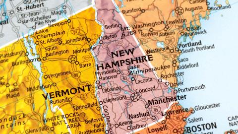 A photo of a map of New Hampshire that shows highways and interstates